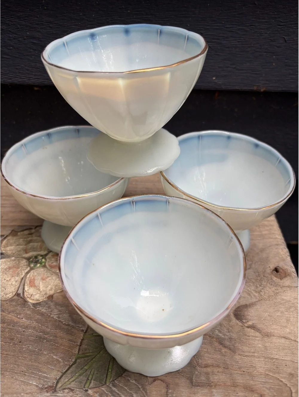 Vintage Opalescent Footed Dessert Bowls Set of 4, Gold Rim, Mid Century